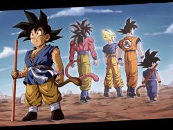 6+boys age_progression black_hair clenched_hands closed_mouth dougi dragon_ball dragon_ball_(classic) dragon_ball_gt dragonball_z evolution highres male_focus monkey_boy monkey_tail multiple_boys multiple_persona muscular muscular_male open_mouth progression red_fur serious smile son_goku spiked_hair super_saiyan super_saiyan_1 super_saiyan_4 tail teeth wai_(y48754085)