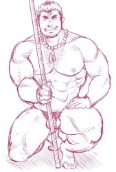 Rule 34 | 1boy, abs, bara, chest hair, completely nude, cross scar, dog tags, facial hair, flaccid, full body, goatee, goshingo1, grin, houzouin oniwaka, large pectorals, long sideburns, looking at viewer, male focus, male pubic hair, mature male, monochrome, muscular, muscular male, navel, nipples, nude, on one knee, pectorals, penis, planted, pubic hair, scar, scar on face, scar on forehead, short hair, sideburns, sketch, smile, solo, stomach, stubble, thick eyebrows, thick thighs, thighs, tokyo houkago summoners