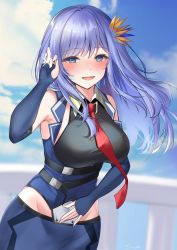 Rule 34 | 1girl, absurdres, azur lane, bird of paradise flower, blue eyes, blue hair, blush, breasts, chan&#039;nu, clothing cutout, commentary request, fingerless gloves, flower, gloves, hair flower, hair ornament, highres, jewelry, large breasts, long hair, necktie, open mouth, red necktie, ring, shirt, sleeveless, sleeveless shirt, smile, ticonderoga (azur lane), wedding ring