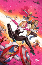 Rule 34 | 6+girls, belt, blonde hair, blue eyes, bodysuit, claws, clenched hand, dated, david nakayama, english text, fingerless gloves, gloves, goggles, goggles on head, gwen stacy, hammer, highres, holding, holding hammer, holding shield, holding weapon, hood, long hair, marvel, medium hair, multiple girls, red gloves, shield, short hair, spider-gwen, spider-man (series), teeth, weapon