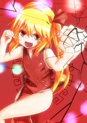 Rule 34 | 1girl, :d, alternate costume, bare arms, bare legs, bare shoulders, blonde hair, chinese clothes, clenched hand, clenched hands, cosplay, fang, female focus, fingernails, flandre scarlet, foreshortening, fourth wall, hair ribbon, no headwear, no headwear, open mouth, punching, red eyes, ribbon, short hair, side ponytail, side slit, smile, solo, takorice, touhou