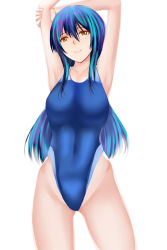 Rule 34 | 1girl, armpits, arms up, blue hair, breasts, brown eyes, competition swimsuit, covered navel, female focus, highleg, highleg swimsuit, large breasts, long hair, one-piece swimsuit, original, shima-shuu, smile, solo, standing, swimsuit
