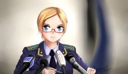 Rule 34 | blonde hair, glasses, highres, microphone, military, military uniform, natalia poklonskaya, parted bangs, real life, short hair, uniform