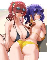 Rule 34 | 2girls, absurdres, ass, azur lane, back, bad id, bad twitter id, bare shoulders, beach, bikini, black bikini, blush, breasts, breasts on top another&#039;s ass, butt crack, cleavage, collarbone, eyewear on head, goggles, goggles on head, halterneck, highres, huge breasts, licking lips, long hair, looking at viewer, looking back, lotion, lotion bottle, multiple girls, nanae, official alternate costume, orange eyes, pola (azur lane), pola (seaside coincidence) (azur lane), purple hair, red hair, side-tie bikini bottom, side ponytail, sidelocks, smile, string bikini, sunglasses, swimsuit, thighs, tongue, tongue out, twintails, yellow bikini, zara (azur lane), zara (poolside coincidence) (azur lane)