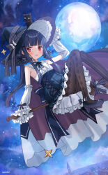 Rule 34 | 1girl, :d, argyle, argyle clothes, argyle legwear, black bow, black cat, black hat, black pantyhose, blue hair, blue skirt, blush, bow, breasts, broom, broom riding, cat, center frills, cloud, detached sleeves, dot nose, eluthel, flying, frilled shirt, frilled skirt, frills, full moon, hair bow, hat, hat bow, high heels, highres, holding, holding broom, idolmaster, idolmaster cinderella girls, long bangs, low twintails, moon, night, open mouth, outdoors, pantyhose, pleated skirt, raised eyebrows, red eyes, sajo yukimi, shirt, sidelocks, signature, skirt, sky, sleeveless, sleeveless shirt, small breasts, smile, solo, star (sky), starry sky, teeth, twintails, white shirt, white sleeves, witch, witch hat