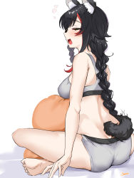 Rule 34 | 1girl, animal ear fluff, animal ears, ass, bare arms, bare shoulders, barefoot, black hair, bra, braid, breasts, caruta, closed eyes, commentary, grey bra, grey panties, highres, hololive, long hair, medium breasts, multicolored hair, ookami mio, panties, pillow, red hair, signature, sitting, soles, solo, streaked hair, tail, twin braids, underwear, underwear only, very long hair, virtual youtuber, white background, wolf ears, wolf girl, wolf tail