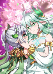Rule 34 | 2girls, absurdres, ahoge, atawatsho, blurry, braid, breasts, cape, cherry blossoms, chest tattoo, cleavage, commentary, crying, crying with eyes open, depth of field, detached sleeves, dress, english commentary, falling petals, genshin impact, gradient hair, green eyes, grey hair, hair between eyes, hair ornament, hand on another&#039;s cheek, hand on another&#039;s face, highres, hug, long hair, long sleeves, looking at another, mother and daughter, multicolored hair, multiple girls, nahida (genshin impact), petals, pointy ears, rukkhadevata (genshin impact), short sleeves, side ponytail, sidelocks, single braid, small breasts, smile, symbol-shaped pupils, tattoo, tears, tree, white dress