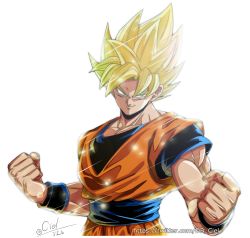 Rule 34 | 1boy, blonde hair, clenched hands, dougi, dragon ball, dragonball z, fingernails, frown, green eyes, highres, light, light rays, looking away, male focus, official style, shaded face, short hair, simple background, smile, solo, son goku, spiked hair, standing, sunlight, super saiyan, super saiyan 1, twitter username, upper body, watermark, web address, white background, wristband