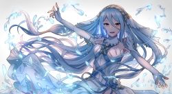 Rule 34 | 1girl, azura (fire emblem), blue hair, dress, elbow gloves, fingerless gloves, fire emblem, fire emblem fates, gloves, highres, jewelry, long hair, nintendo, open mouth, pendant, pikapika hoppe, simple background, solo, veil, water, white background, white dress, white gloves, yellow eyes