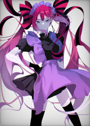 Rule 34 | 1girl, absurdres, apron, black gloves, breasts, closed mouth, earrings, expressionless, gloves, goma irasuto, grey eyes, highres, jewelry, long hair, looking at viewer, maid, maid apron, maid headdress, original, pink hair, purple apron, red hair, solo, triangle earrings, twintails
