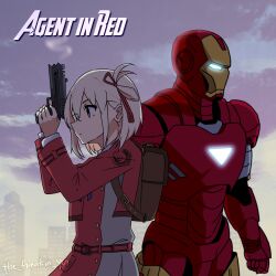 Rule 34 | 1boy, 1girl, armor, artist name, blonde hair, bob cut, closed mouth, cloud, cloudy sky, commentary, cowboy shot, crossover, dress, english commentary, english text, glowing, glowing eyes, grey dress, gun, hair ribbon, handgun, hands up, highres, holding, holding gun, holding weapon, iron man, iron man (series), long sleeves, lycoris recoil, lycoris uniform, marvel, nishikigi chisato, outdoors, power armor, red dress, red eyes, red ribbon, ribbon, short hair, sky, standing, the freakin yui, trait connection, two-tone dress, watermark, weapon