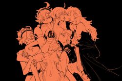 Rule 34 | 6+girls, ahoge, arm kiss, baduk dog, bare shoulders, black background, black dress, black headband, blush, closed eyes, cunnilingus, dress, french kiss, gloves, grabbing, grabbing another&#039;s breast, grabbing another&#039;s chin, grabbing another's breast, guided breast grab, guiding hand, gundam, gundam suisei no majo, hair between eyes, hand on another&#039;s chin, headband, highres, jewelry, kiss, kissing neck, kissing shoulder, long hair, looking at viewer, low ponytail, miorine rembran, monochrome, multiple girls, necklace, oral, orange theme, suletta mercury, thick eyebrows, yuri