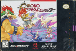 Rule 34 | 1boy, 1girl, angry, armlet, armor, blonde hair, blue skin, bowser, bracelet, chrono trigger, claws, colored skin, content rating, copyright name, cover, creatures (company), crono (chrono trigger), crossover, derivative work, diffraction spikes, elf, game console, game freak, gen 6 pokemon, gold armor, greninja, highres, holding, holding sword, holding weapon, jewelry, kuji-in, legs apart, magic, mario (series), necklace, nintendo, outdoors, pauldrons, pelvic curtain, pointy ears, pokemon, pokemon (creature), princess zelda, red hair, self-upload, shoulder armor, spiked armlet, spiked bracelet, spiked hair, spikes, square enix, super nintendo, super smash bros., sword, the legend of zelda, the legend of zelda: a link between worlds, thick eyebrows, triforce, v-shaped eyebrows, video game cover, weapon, yellow skin