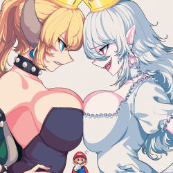 Rule 34 | 2girls, bare shoulders, black dress, blonde hair, blue eyes, blush, borrowed character, bowsette, breast press, breasts, choker, cleavage, collar, crown, dress, earrings, elbow gloves, face-to-face, facial hair, fingernails, flying sweatdrops, frilled choker, frilled dress, frills, gloves, hands on own hips, hat, hip focus, horns, jewelry, large breasts, long fingernails, long hair, luigi&#039;s mansion, mario, mario (series), md5 mismatch, multiple girls, mustache, new super mario bros. u deluxe, nintendo, open mouth, pale skin, pointy ears, ponytail, princess king boo, profile, red eyes, resolution mismatch, sharp teeth, silver hair, simple background, smile, source smaller, strapless, strapless dress, studded bracelet, studded collar, sungwon, super crown, symmetrical docking, teeth, upper body, white background, white dress, white gloves
