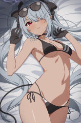 Rule 34 | 1girl, bare shoulders, bed sheet, bikini, black bikini, black choker, black gloves, blue archive, blush, breasts, choker, collarbone, cowboy shot, eyewear on head, gloves, grey hair, groin, hair between eyes, hair over one eye, highres, iori (blue archive), iori (swimsuit) (blue archive), long hair, looking at viewer, lying, medium breasts, multi-strapped bikini bottom, navel, official alternate costume, on back, on side, parted lips, red eyes, ribbon, rin ateria, solo, stomach, string bikini, sunglasses, swimsuit, twintails, very long hair