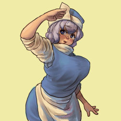Rule 34 | 1girl, arm up, blue eyes, blue headwear, breasts, chanta (ayatakaoisii), cowboy shot, grey hair, large breasts, letty whiterock, open mouth, shadow, simple background, solo, touhou, yellow background