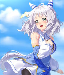 Rule 34 | 1girl, animal ears, bare shoulders, blue sky, breasts, brown eyes, cloud, collared dress, detached sleeves, dress, ear covers, ear ornament, eyebrows hidden by hair, grey hair, hair ornament, hand on own chest, highres, hishi miracle (umamusume), horse ears, horse girl, horse tail, medium breasts, medium hair, onsoku inu, open mouth, sky, solo, tail, teeth, umamusume, upper teeth only, white dress