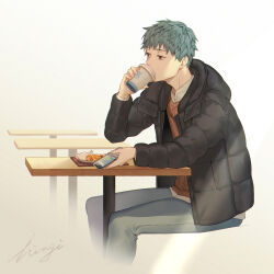 Rule 34 | 1boy, black jacket, blue eyes, cellphone, commentary, cup, denim, disposable cup, down jacket, english commentary, fate/grand order, fate (series), feet out of frame, food, grey background, half-closed eyes, hiiragi (karashriker), holding, holding cup, holding phone, jacket, jeans, long sleeves, looking to the side, male focus, pants, phone, red vest, saitou hajime (dream portrait) (fate), saitou hajime (fate), shirt, signature, simple background, solo, table, tray, vest, white shirt, yellow eyes