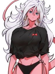 Rule 34 | 1girl, android 21, bikini, bikini bottom only, black bikini, black shirt, blue eyes, colored skin, dragon ball, dragon ball fighterz, earrings, hair between eyes, hoop earrings, jewelry, kemachiku, light persona, long hair, looking at viewer, majin android 21, navel, pink skin, red ribbon army, shirt, simple background, solo, swimsuit, tail, tied shirt, white background, white hair