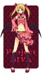 Rule 34 | 1girl, alternate hairstyle, bat wings, detached sleeves, hair ornament, hairclip, hand on own hip, headset, heart, kagamine rin, midriff, project diva, project diva (series), smile, solo, tail, tamura hiro, twintails, vocaloid, wings