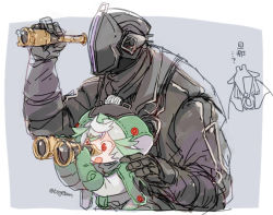 Rule 34 | 1girl, 2boys, :o, binoculars, black coat, black gloves, black headwear, bondrewd, child, coat, commentary request, covered face, father and daughter, flipped hair, gloves, green hair, green headwear, grey gloves, grey hair, grey shirt, gueira (made in abyss), hand on another&#039;s shoulder, hands up, hat, helm, helmet, holding, holding binoculars, long sleeves, made in abyss, multicolored hair, multiple boys, open mouth, prushka, red eyes, shirt, sketch, spyglass, streaked hair, toge (owannun), translation request, twitter username, whistle, whistle around neck