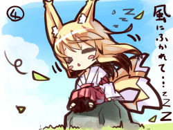 Rule 34 | 1girl, :&lt;, = =, animal ears, blonde hair, blue sky, blush stickers, chibi, closed eyes, cloud, day, falling leaves, fox ears, fox girl, fox tail, hair between eyes, japanese clothes, kitsune, leaf, long hair, miko, multiple tails, on rock, original, outdoors, parted lips, rock, sidelocks, sitting, sky, sleeping, solo, tail, translation request, triangle mouth, very long hair, wind, yuuji (yukimimi), zzz