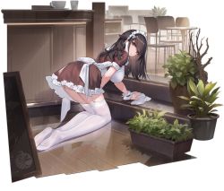 Rule 34 | 1girl, azur lane, breasts, brown hair, choukai (azur lane), choukai (tidy store tidy mind) (azur lane), from behind, garter straps, hair ornament, highres, indoors, kishiyo, kneeling, large breasts, long hair, looking at viewer, looking back, maid, maid cafe, maid headdress, official alternate costume, official art, plant, thighhighs, transparent background, white thighhighs, yellow eyes