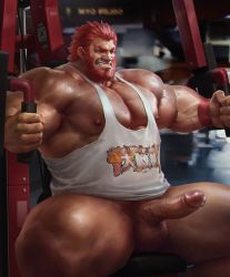 Rule 34 | 1boy, 6suan, alternate pectoral size, bara, bare pectorals, beard, bottomless, clenched teeth, commission, erection, exercising, facial hair, fate/zero, fate (series), feet out of frame, gym, hair slicked back, iskandar (fate), large pectorals, male focus, mature male, muscular, muscular male, naked shirt, nipples, pectorals, penis, precum, print shirt, red eyes, red hair, shirt, short hair, sitting, solo, tank top, teeth, thick thighs, thighs, uncensored, weightlifting, white tank top