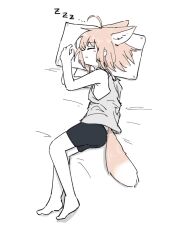 Rule 34 | 1girl, ahoge, animal ear fluff, animal ears, arknights, ass, bare arms, bare shoulders, barefoot, bed sheet, bike shorts, black shorts, brown hair, commentary request, fox ears, fox girl, fox tail, full body, grey tank top, hands up, kamihine, lying, on side, pillow, shorts, solo, sussurro (arknights), tail, tank top, zzz