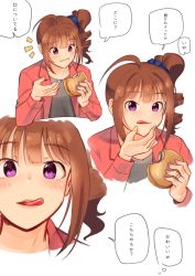 Rule 34 | 1girl, ahoge, blush, brown hair, burger, collarbone, drill hair, eating, expressions, food, green nails, holding, holding food, idolmaster, idolmaster million live!, jewelry, kamille (vcx68), licking lips, looking at viewer, nail polish, parted lips, pink nails, purple eyes, ring, scrunchie, short hair, side drill, smile, solo, speech bubble, thought bubble, tongue, tongue out, translation request, yellow nails, yokoyama nao