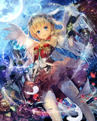Rule 34 | 1girl, absurdres, angel, angel wings, armpits, black gloves, blonde hair, blue eyes, breasts, commentary request, detached sleeves, flower, garter straps, gloves, hair between eyes, halo, headgear, highres, lace, lace-trimmed legwear, lace trim, layered skirt, looking at viewer, moon, night, original, outdoors, pink skirt, rose, skirt, small breasts, solo, sparkle, spirtie, thighhighs, wand, white thighhighs, white wings, wings