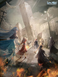 Rule 34 | 3boys, 5girls, bird, black dress, black jacket, blonde hair, blue dress, blue hair, brown hair, cape, copyright name, dove, dress, fire, from behind, green hair, highres, holding, holding sword, holding weapon, insect wings, jacket, long hair, miracle nikki, multiple boys, multiple girls, official art, pollution, rain, red dress, red hair, reflection, reflective water, ruins, shadow, short hair, sunlight, sword, weapon, wings