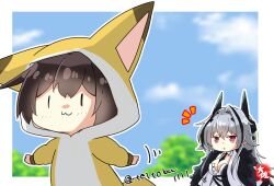 Rule 34 | 2girls, :3, alternate costume, animal costume, azur lane, between breasts, black hair, blurry, breasts, cleavage, commentary request, crossover, depth of field, detached collar, fox costume, fur shawl, grey hair, hair between eyes, horns, kaga (kancolle), kantai collection, kursk (azur lane), long hair, long sleeves, looking at another, medium breasts, multicolored hair, multiple girls, necktie, necktie between breasts, red eyes, shawl, sidelocks, signature, streaked hair, taisa (kari), twitter username, two-tone hair