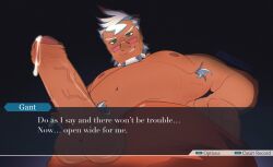 Rule 34 | 1boy, ace attorney, armpit hair, armpit hair peek, bara, beard, cowboy shot, crotch, cum, cumdrip, damon gant, english text, erection, facial hair, foreshortening, from below, full beard, green eyes, grey hair, highres, knookie (fredwrdoo), large pectorals, male focus, mature male, multicolored hair, muscular, muscular male, nipples, old, old man, open fly, pectorals, penis, penis focus, short hair, smirk, solo, standing, subtitled, thick beard, thick eyebrows, topless male, two-tone hair, uncensored, veins, veiny penis, white hair