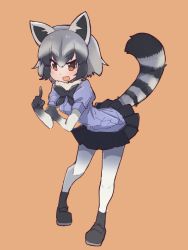 Rule 34 | 10s, 1girl, :d, animal ears, bad id, bad pixiv id, black bow, black bowtie, black skirt, bow, bowtie, brown eyes, common raccoon (kemono friends), full body, fur collar, grey hair, highres, index finger raised, kemono friends, leaning forward, looking at viewer, medium hair, miniskirt, multicolored hair, open mouth, orange background, pantyhose, pleated skirt, raccoon ears, raccoon tail, simple background, skirt, smile, solo, striped tail, tail, teranekosu, v-shaped eyebrows, white pantyhose