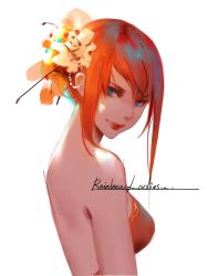Rule 34 | 1girl, backless dress, backless outfit, bare shoulders, blue eyes, dress, english text, flower, hair flower, hair ornament, highres, hu dako, lips, looking at viewer, looking back, nose, original, red hair, sidelighting, sidelocks, simple background, solo, upper body, white background
