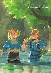 Rule 34 | 1boy, 1girl, absurdres, black gloves, blonde hair, blue eyes, blue tunic, closed mouth, eorinamo, fingerless gloves, flower, gloves, green eyes, highres, leaf, lily pad, link, lotus, nintendo, open mouth, partially submerged, pointy ears, princess zelda, rock, short hair, sleeves rolled up, splashing, strap, the legend of zelda, the legend of zelda: breath of the wild, the legend of zelda: tears of the kingdom, twitter username, water