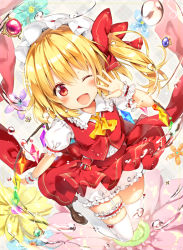 Rule 34 | 1girl, ;d, blonde hair, blush, bonnet, bow, bow legwear, bridal garter, flandre scarlet, full body, garter straps, hair bow, hat, long hair, looking at viewer, mob cap, one eye closed, open mouth, red bow, red eyes, red skirt, riichu, short sleeves, shorts, side ponytail, skirt, smile, solo, tail, touhou, water drop, white hat, white legwear, white shorts, wrist cuffs
