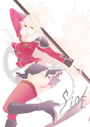 Rule 34 | 1girl, alternate color, ass, breasts, cape, character name, final fantasy, final fantasy type-0, green eyes, hair over one eye, long hair, looking at viewer, midriff, pink thighhighs, ponytail, school uniform, scythe, sice (fft-0), silver hair, skirt, solo, thighhighs, weapon, zettai ryouiki