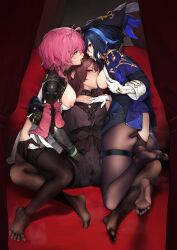 Rule 34 | 3girls, absurdres, ass grab, beeeeen, blue hair, breast sucking, brown hair, clorinde (genshin impact), commission, crossover, fff threesome, genshin impact, girls&#039; frontline, group sex, hand in another&#039;s shorts, highres, multicolored hair, multiple girls, pantyhose, pink hair, pixiv commission, saliva, saliva trail, short shorts, shorts, streaked hair, taoqi (wuthering waves), threesome, wa2000 (girls&#039; frontline), wuthering waves, yuri