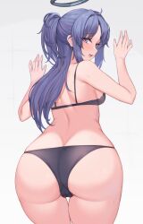 Rule 34 | 1girl, ass, bare shoulders, blue archive, blue eyes, blush, bra, butt crack, cameltoe, commentary, from behind, halo, highres, kuavera, long hair, looking at viewer, looking back, open mouth, panties, parted bangs, ponytail, purple hair, solo, star sticker, sticker on face, sweat, thigh gap, thighs, underwear, white background, yuuka (blue archive)