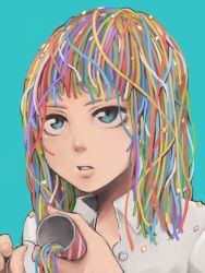 Rule 34 | 1girl, blue background, blue eyes, collared shirt, commentary request, confetti, expressionless, fingernails, looking at viewer, multicolored hair, original, parted lips, party popper, popped collar, shirt, simple background, solo, upper body, white shirt, wing collar, yajirushi (chanoma)