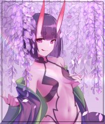 Rule 34 | 1girl, absurdres, bare shoulders, bob cut, breasts, collarbone, eyeliner, fate/grand order, fate (series), highres, horns, huge filesize, japanese clothes, kimono, licking lips, long sleeves, looking at viewer, makeup, navel, oni, purple eyes, purple hair, purple kimono, revealing clothes, sawarineko, short hair, shuten douji (fate), skin-covered horns, small breasts, smile, solo, tongue, tongue out, wide sleeves