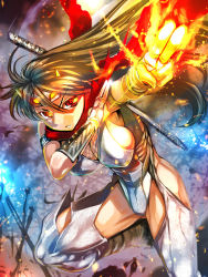 Rule 34 | 1girl, armlet, armor, breasts, brown hair, fire, fire, foreshortening, highres, katana, long hair, ninja, original, parted lips, raymon, red eyes, running, scarf, sword, thighs, weapon