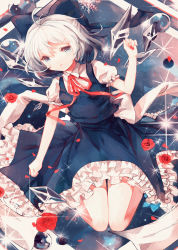 Rule 34 | 1girl, bow, cirno, flower, grey eyes, hair bow, looking at viewer, petticoat, puffy sleeves, red rose, rose, shirt, short hair, short sleeves, silver hair, skirt, skirt set, snake (pixiv20852572), solo, sparkle, touhou, wings