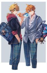 Rule 34 | 2boys, ahoge, bag, bag charm, black headband, black jacket, blonde hair, blue bag, blue cardigan, blue eyes, blue pants, border, bow, buttons, cardigan, charm (object), closed mouth, collarbone, collared shirt, commentary request, cropped legs, crossed bangs, drawstring, earrings, food, food request, genshin impact, green eyes, grey background, hair between eyes, hand in pocket, hand up, head tilt, headband, highres, holding, holding food, hood, hood down, hoodie, jacket, jewelry, lapels, long hair, long sleeves, looking at viewer, looking to the side, low ponytail, male focus, multiple boys, open clothes, open jacket, open mouth, orange hair, outside border, pants, plaid, plaid pants, ponytail, red bow, red hoodie, ruin guard (genshin impact), sakura 0270, school bag, school uniform, shirt, short hair, shoulder bag, sidelocks, simple background, single earring, sleeves rolled up, taroumaru (genshin impact), tartaglia (genshin impact), teeth, thoma (genshin impact), thoma (gigo) (genshin impact), white border, white shirt, wing collar