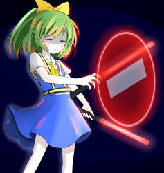 Rule 34 | 1girl, absurdres, ascot, black background, blue skirt, blue vest, bow, closed eyes, closed mouth, cookie (touhou), daiyousei, diyusi (cookie), green hair, hair bow, high-visibility vest, highres, no entry sign, ponytail, road sign, shaded face, shirt, short hair, short sleeves, sign, simple background, skirt, solo, standing, touhou, traffic baton, vest, white shirt, yellow ascot, yellow bow, zenji029
