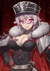 Rule 34 | 1girl, :d, azur lane, breasts, cape, cleavage, collarbone, cross, embers, fur trim, graf zeppelin (azur lane), grey hair, hand on own hip, hat, iron cross, large breasts, long sleeves, looking at viewer, open mouth, purple eyes, smile, solo, upper body