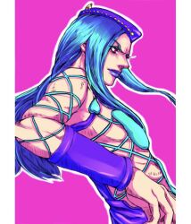 Rule 34 | 1boy, blue hair, blue lips, bracer, fishnet top, fishnets, hat, highres, horned hat, jojo no kimyou na bouken, long hair, narciso anasui, pink background, pink eyes, revealing clothes, ruushii (lucy steel6969), solo, stone ocean, upper body