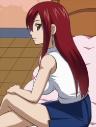 Rule 34 | 1girl, awa, breasts, brown eyes, earrings, erza scarlet, fairy tail, female focus, impossible clothes, impossible shirt, indoors, jewelry, crossed legs, long hair, looking back, pleated skirt, profile, red hair, shirt, sitting, skirt, sleeveless, solo